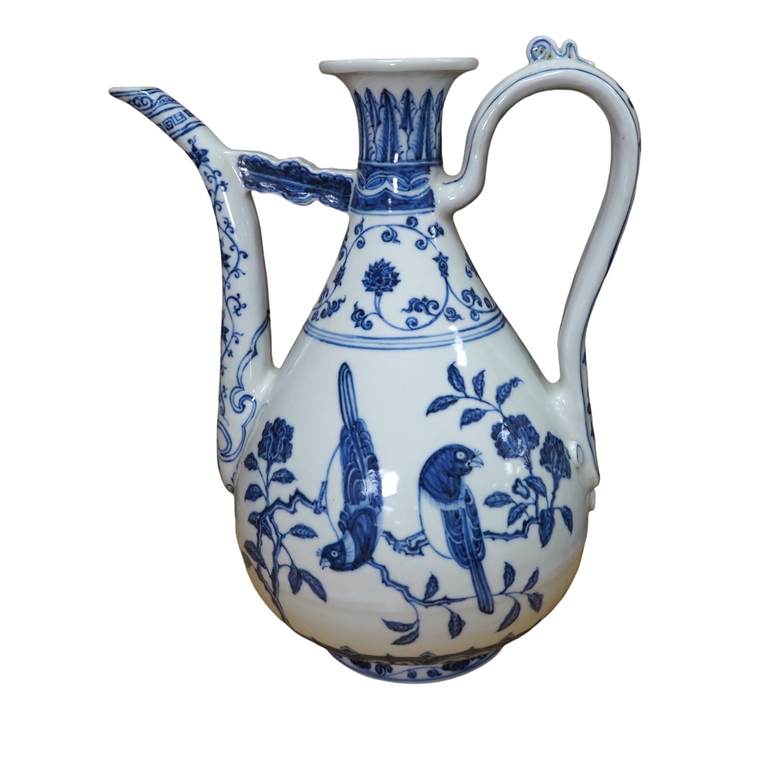 A large Chinese blue and white porcelain ewer, 31cm high. Condition - good